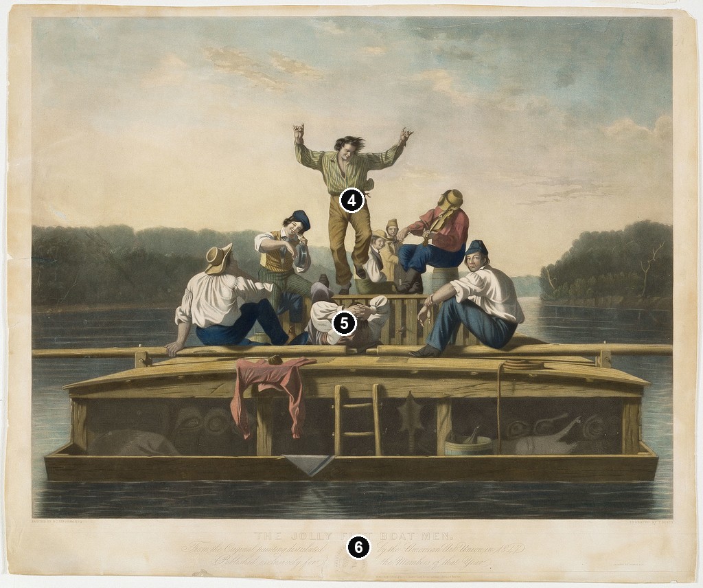 Annotated details from Thomas Doney after Bingham, The Jolly Flat Boat Men, coloured Carter impression, 1847 by George Caleb Bingham